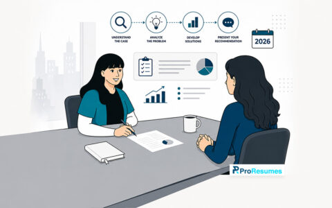 Case study interview illustration showing a candidate presenting business analysis and strategic solutions during an interview.