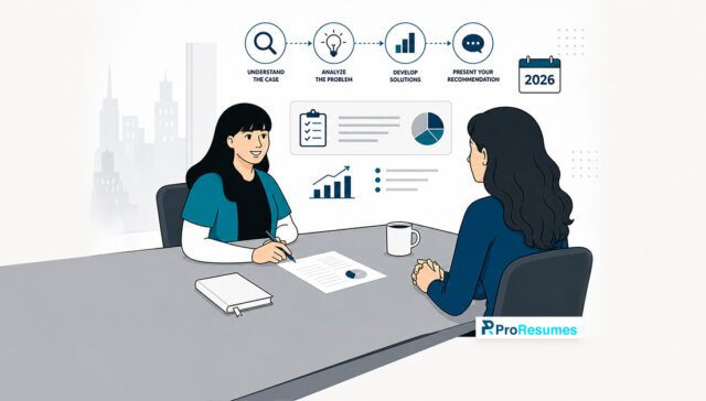 Case study interview illustration showing a candidate presenting business analysis and strategic solutions during an interview.