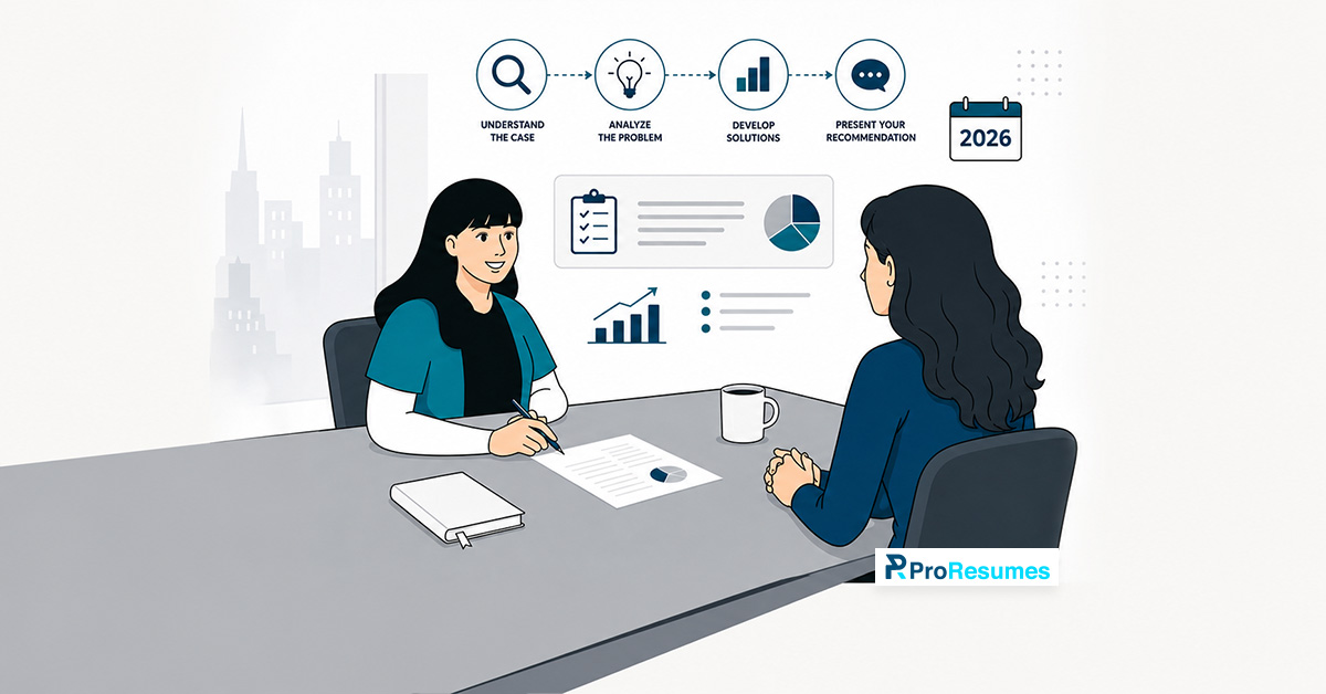 Case study interview illustration showing a candidate presenting business analysis and strategic solutions during an interview.