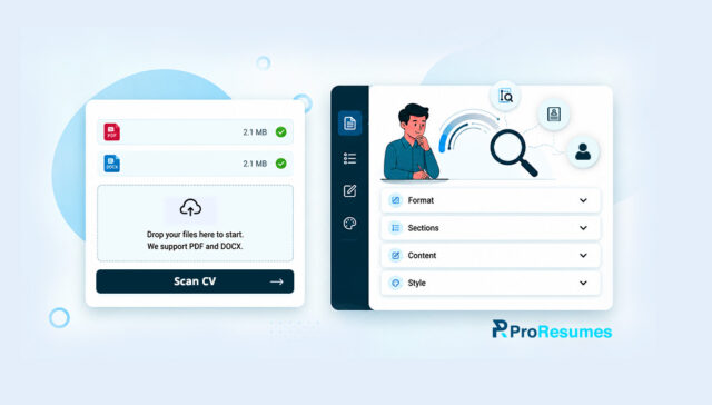 Illustration of an AI resume checker interface showing PDF and DOCX resume uploads ready for scanning. The dashboard displays resume review categories including Format, Sections, Content, and Style, alongside profile analysis icons and a magnifying glass, representing AI-powered resume analysis, ATS compatibility checks, and resume optimization. ProResumes branding is visible.