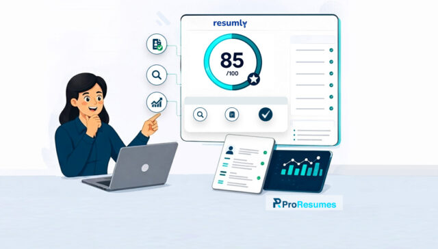 Illustration of a person reviewing a resume on a laptop beside a dashboard displaying an ATS resume score of 85/100. The screen includes checklist icons, resume optimization indicators, and analytics charts, representing resume analysis, ATS compatibility, keyword optimization, and job application improvement. Resumly and ProResumes branding are visible.