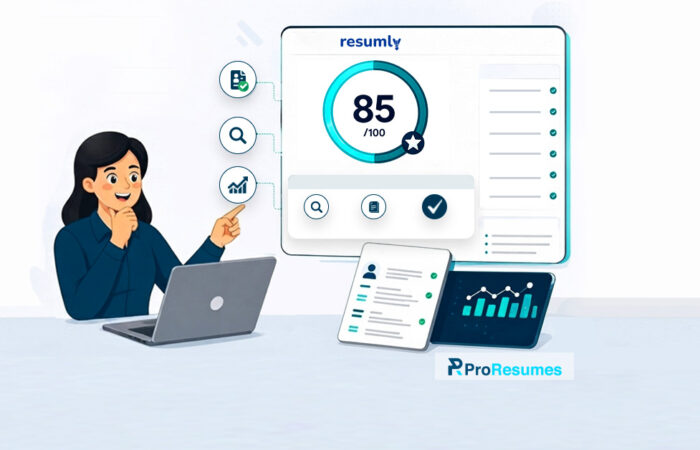 Illustration of a person reviewing a resume on a laptop beside a dashboard displaying an ATS resume score of 85/100. The screen includes checklist icons, resume optimization indicators, and analytics charts, representing resume analysis, ATS compatibility, keyword optimization, and job application improvement. Resumly and ProResumes branding are visible.