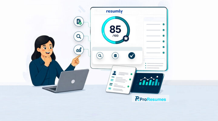 Illustration of a person reviewing a resume on a laptop beside a dashboard displaying an ATS resume score of 85/100. The screen includes checklist icons, resume optimization indicators, and analytics charts, representing resume analysis, ATS compatibility, keyword optimization, and job application improvement. Resumly and ProResumes branding are visible.