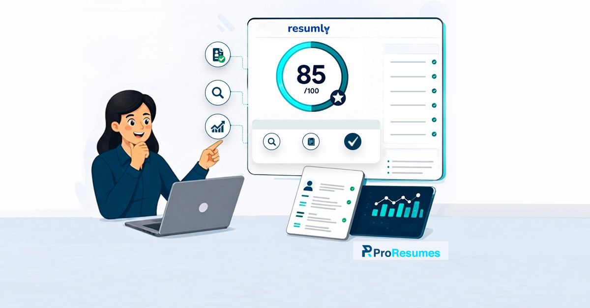 Illustration of a person reviewing a resume on a laptop beside a dashboard displaying an ATS resume score of 85/100. The screen includes checklist icons, resume optimization indicators, and analytics charts, representing resume analysis, ATS compatibility, keyword optimization, and job application improvement. Resumly and ProResumes branding are visible.