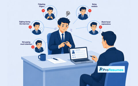 "Bad interview example showing a nervous job candidate making common interview mistakes such as fidgeting, being restless, sighing, showing blank facial expressions, and not paying attention during a job interview."