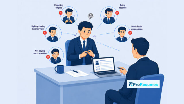 "Bad interview example showing a nervous job candidate making common interview mistakes such as fidgeting, being restless, sighing, showing blank facial expressions, and not paying attention during a job interview."
