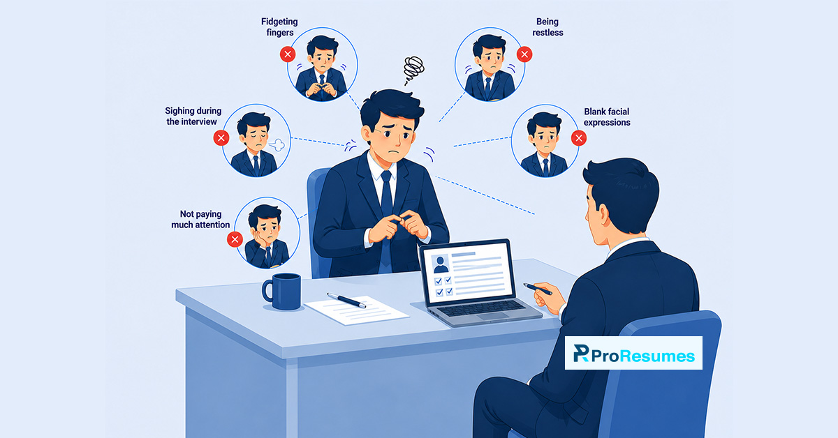 "Bad interview example showing a nervous job candidate making common interview mistakes such as fidgeting, being restless, sighing, showing blank facial expressions, and not paying attention during a job interview."