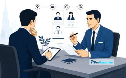 In-person job interview concept featuring a recruiter evaluating a candidate during an onsite interview at the company office.