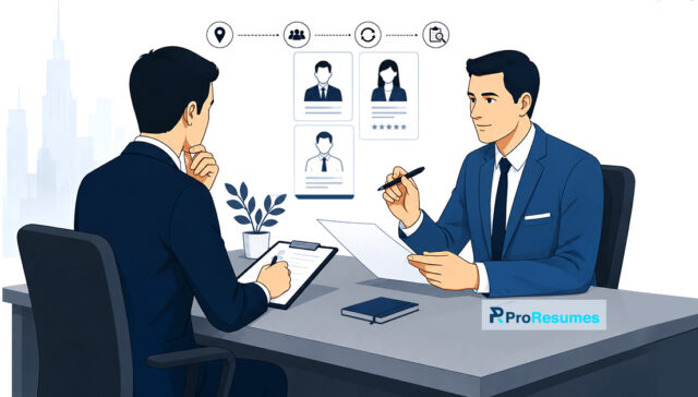 In-person job interview concept featuring a recruiter evaluating a candidate during an onsite interview at the company office.