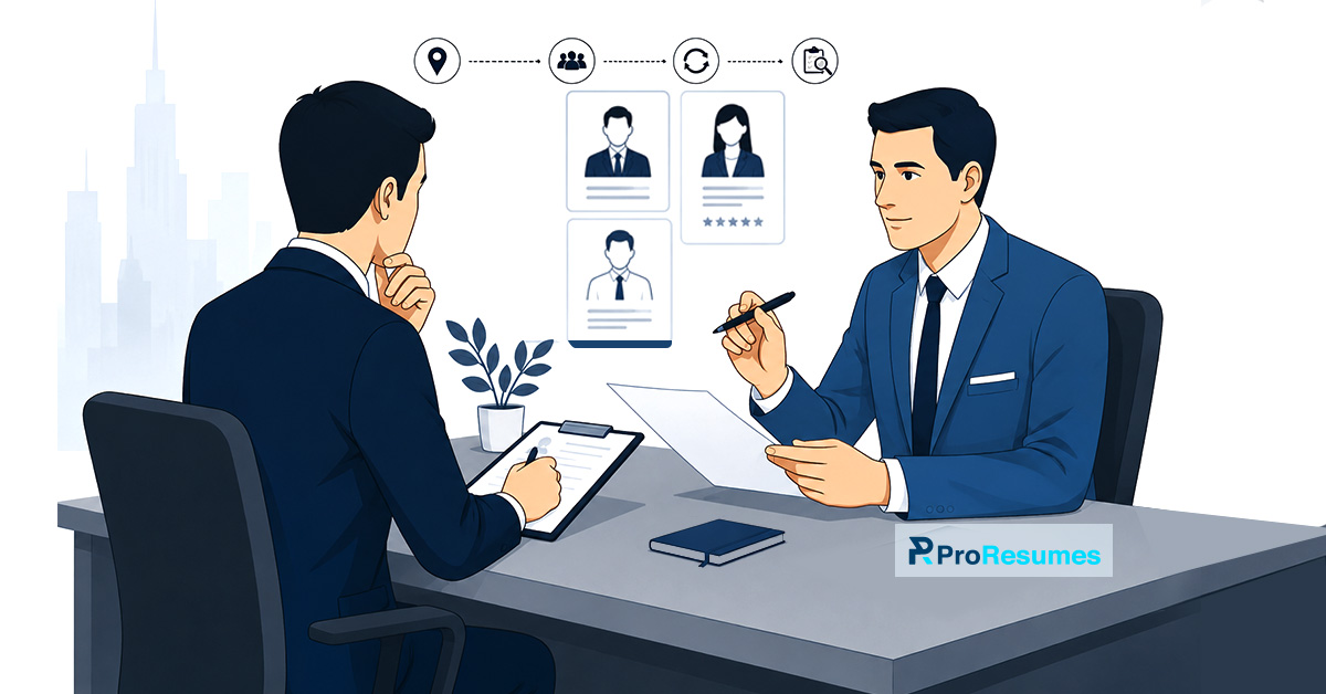 In-person job interview concept featuring a recruiter evaluating a candidate during an onsite interview at the company office.
