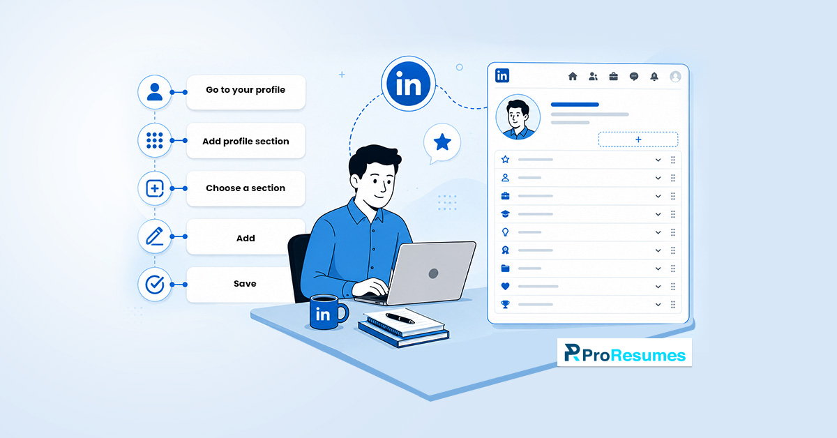 Alt text: Illustration showing step-by-step instructions for adding a new section to a LinkedIn profile, with a person using a laptop and LinkedIn profile interface.