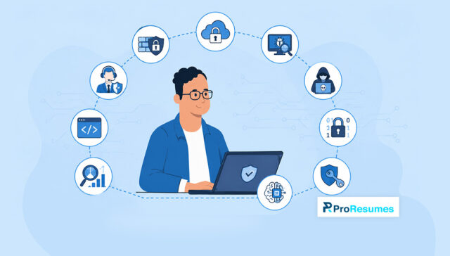 Cybersecurity professional using a laptop surrounded by icons representing network security, cloud security, threat detection, coding, data protection, and cybersecurity skills, with ProResumes branding.