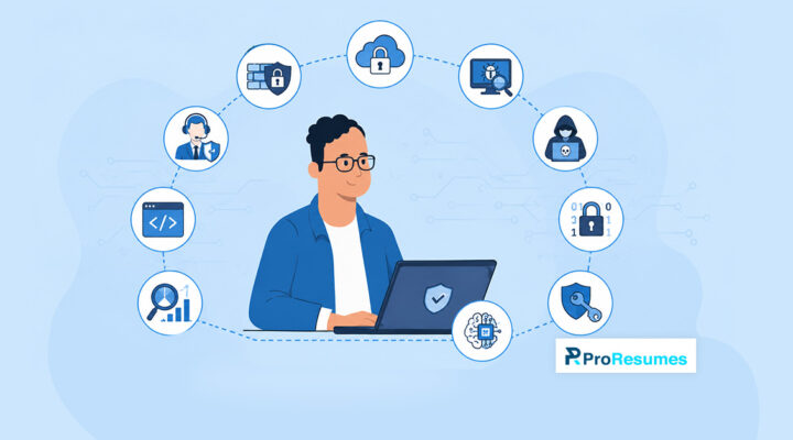 Cybersecurity professional using a laptop surrounded by icons representing network security, cloud security, threat detection, coding, data protection, and cybersecurity skills, with ProResumes branding.
