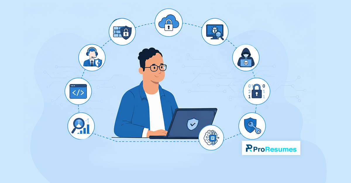Cybersecurity professional using a laptop surrounded by icons representing network security, cloud security, threat detection, coding, data protection, and cybersecurity skills, with ProResumes branding.