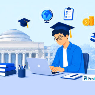 Massachusetts Institute of Technology campus with a student studying on a laptop, surrounded by education, eligibility, tuition, and scholarship icons.