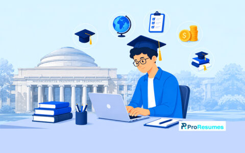 Massachusetts Institute of Technology campus with a student studying on a laptop, surrounded by education, eligibility, tuition, and scholarship icons.