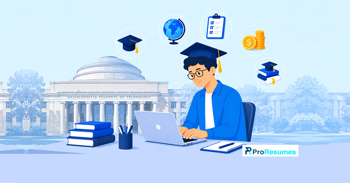 Massachusetts Institute of Technology campus with a student studying on a laptop, surrounded by education, eligibility, tuition, and scholarship icons.
