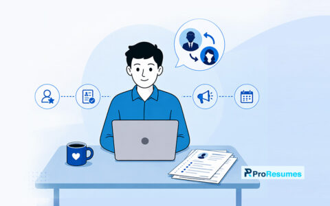 Illustration of a job seeker working on a laptop with resume, networking, communication, and interview icons, representing reverse recruiting services that help candidates secure more job interviews. ProResumes logo displayed in the bottom-right corner.