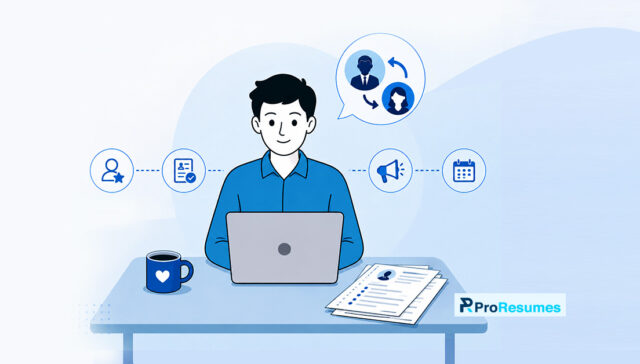 Illustration of a job seeker working on a laptop with resume, networking, communication, and interview icons, representing reverse recruiting services that help candidates secure more job interviews. ProResumes logo displayed in the bottom-right corner.