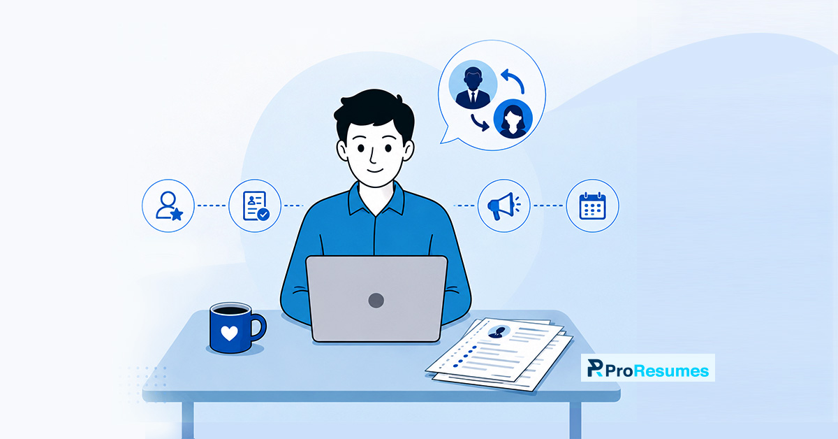 Illustration of a job seeker working on a laptop with resume, networking, communication, and interview icons, representing reverse recruiting services that help candidates secure more job interviews. ProResumes logo displayed in the bottom-right corner.
